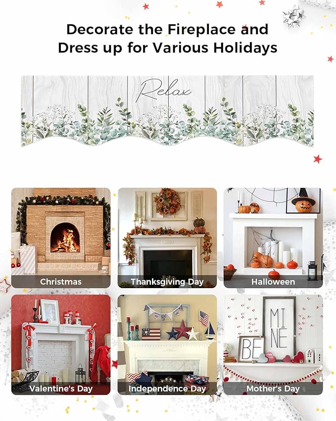 Green Eucalyptus Leaves Fireplace Mantel Scarf Table Runner, Summer Botanical Vintage Wooden Winter Garland Mantel Top Tablerunners Dresser Scarves Decorations for Windows Party Living Room 70''x17''