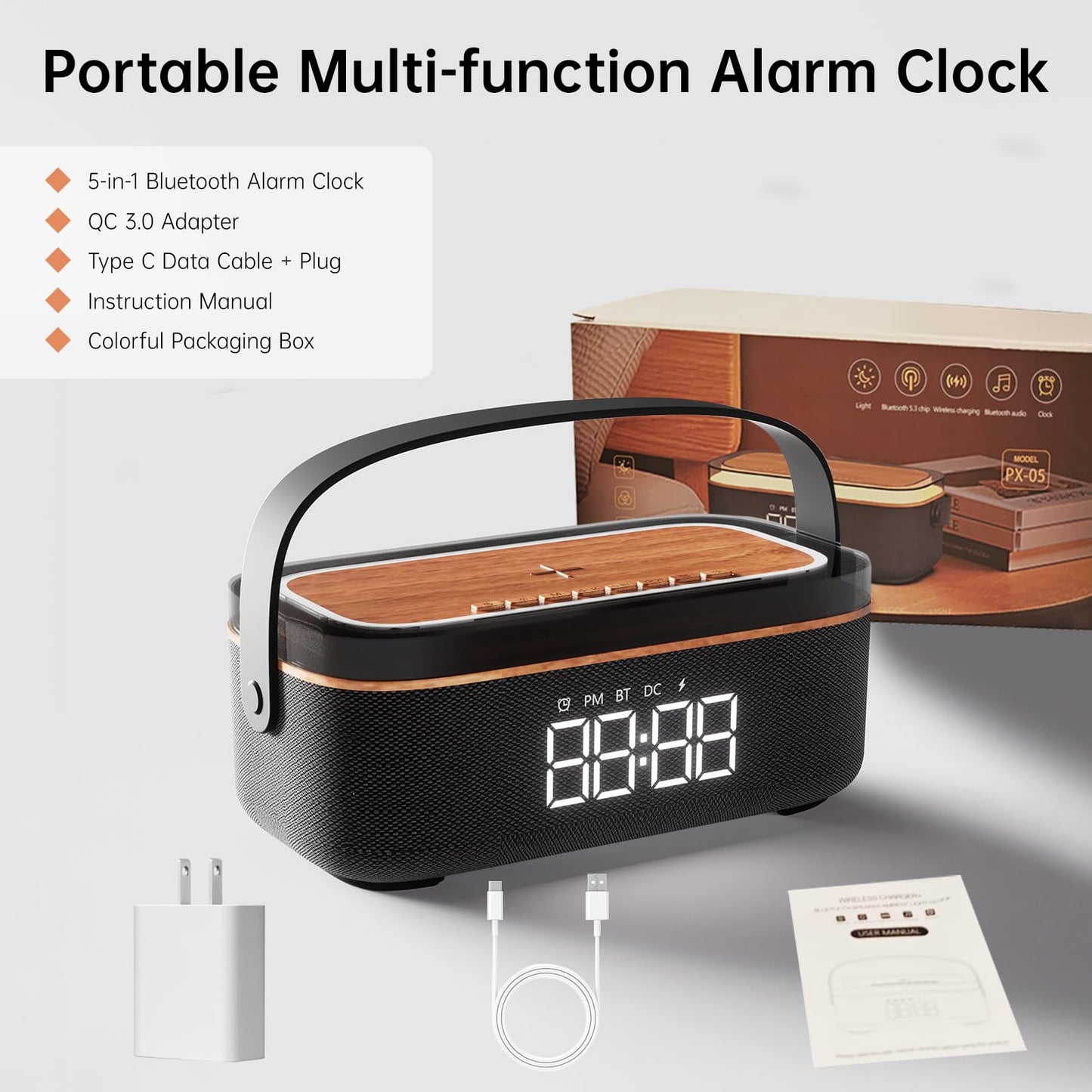 LOVME Alarm Clock Bluetooth Speaker for Bedroom, Bluetooth Stereo Sound Speaker, Fast 15W Wireless Charger, Dimmer, Night Light for Heavy Sleepers, Gift Set, Bedside(Black)