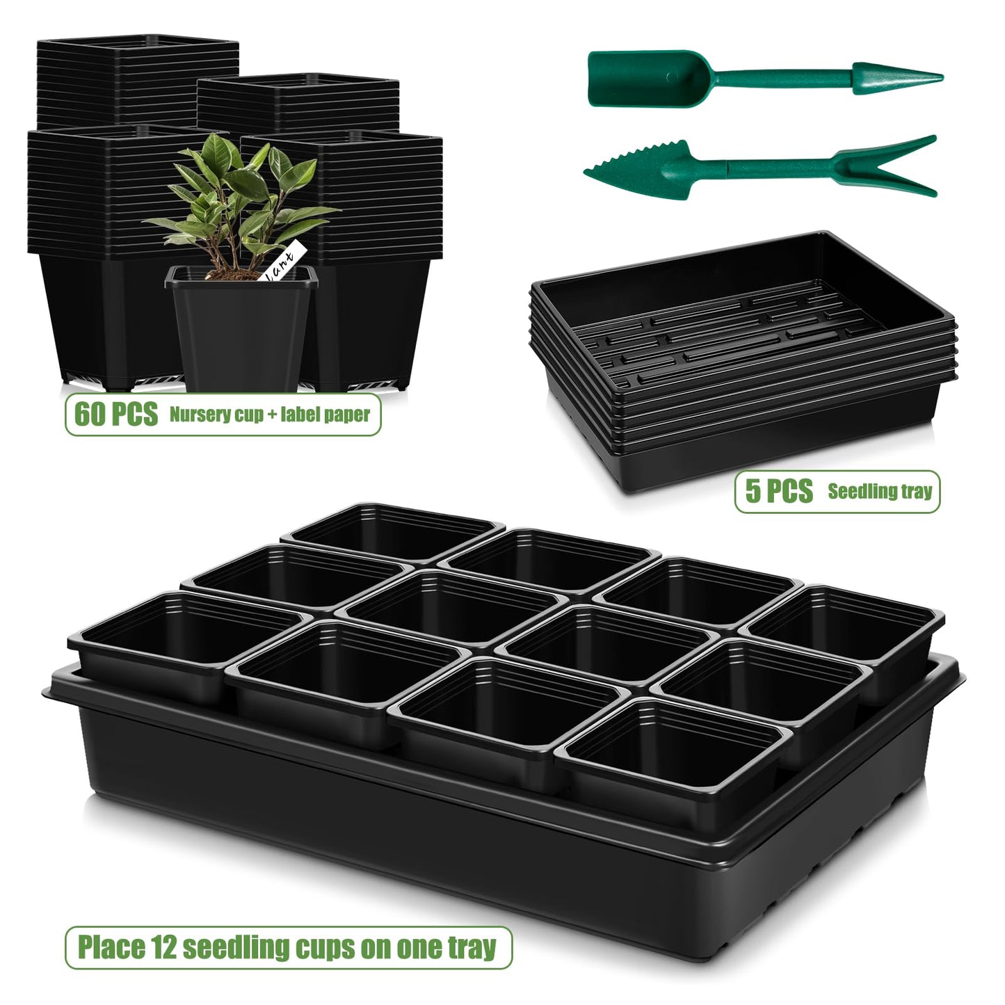 mwellewm 5 Pcs Seed Starter Tray, 3.5 Inch (9CM) 60 Pcs Nursery Pots Kit, Thickened Seed Starting Trays Square Seedling Pots for Plants Sturdy Microgreens Growing Trays Reusable Germination Tray