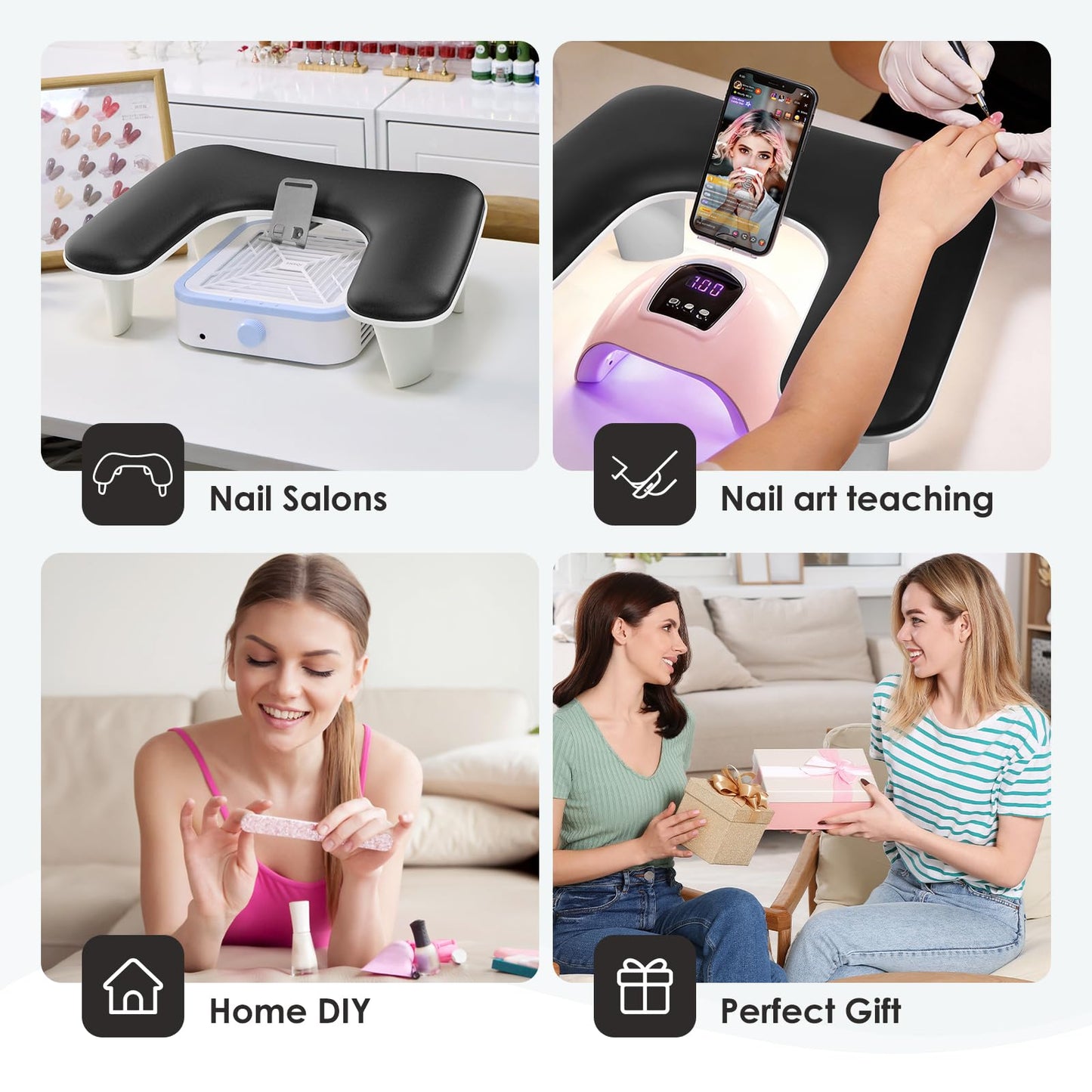 LIONVISON Arm Rest for Nails Tech: U Shaped Ergonomic Nail Hand Rest Stand PU Leather with Rotating Phone Holder for Nail Salon Manicurist (Black)