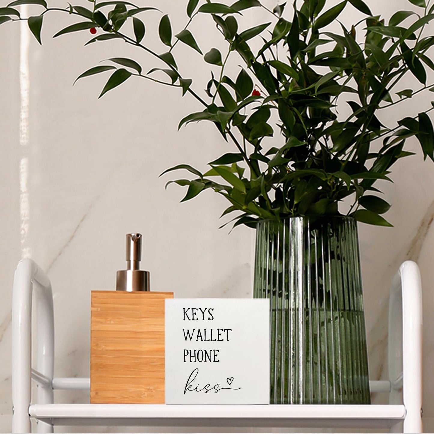 Nrleey Entryway Wooden Box Sign - Keys Wallet Phone Kiss Wood Box Sign Desk Decor, Entry Way Decor, Entry Way Table Home Decor, 5 X 5 Inches