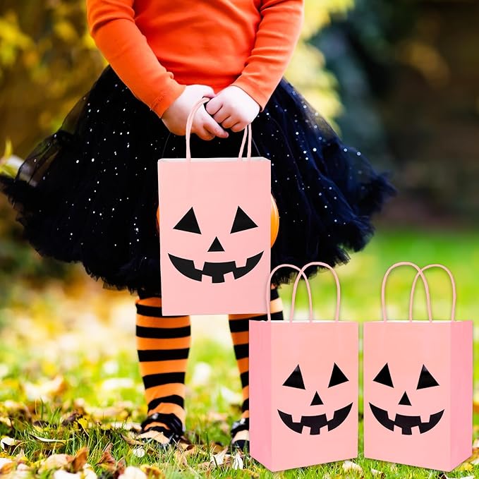 JarThenaAMCS 24Pcs Halloween Kraft Paper Bags with Handles Jack O' Lantern Gift Bags Pink Black Pumpkin Candy Goodie Bags for Birthday Trick or Treat Party Supplies