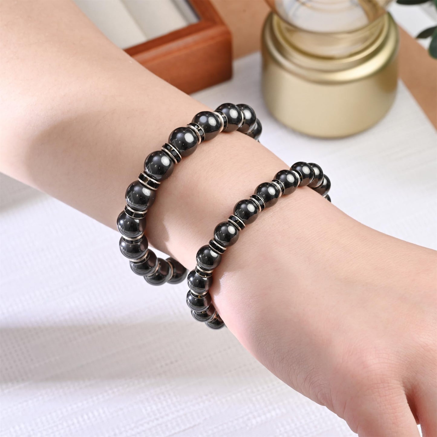 Apocalyptic-K Women's Magnetic Bracelet,Hematite Bracelets,Magnetic Bracelets With Zirconia,Handmade Stretch Bracelet,Eliminates static electricity. (Black Zirconia,6MM)