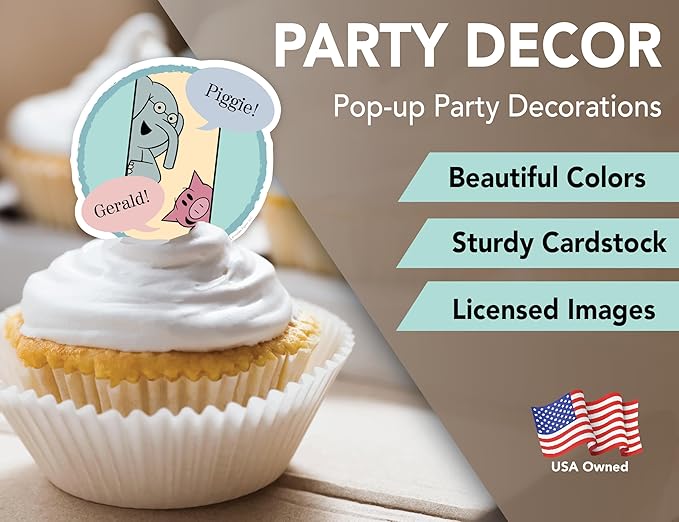 Elephant and Piggie Party Supplies for Boy or Girl Birthday Party Decor includes 24 Cupcake Toppers with Gerald and Piggie Book Characters by Mo Willems (24 Cupcake Toppers)