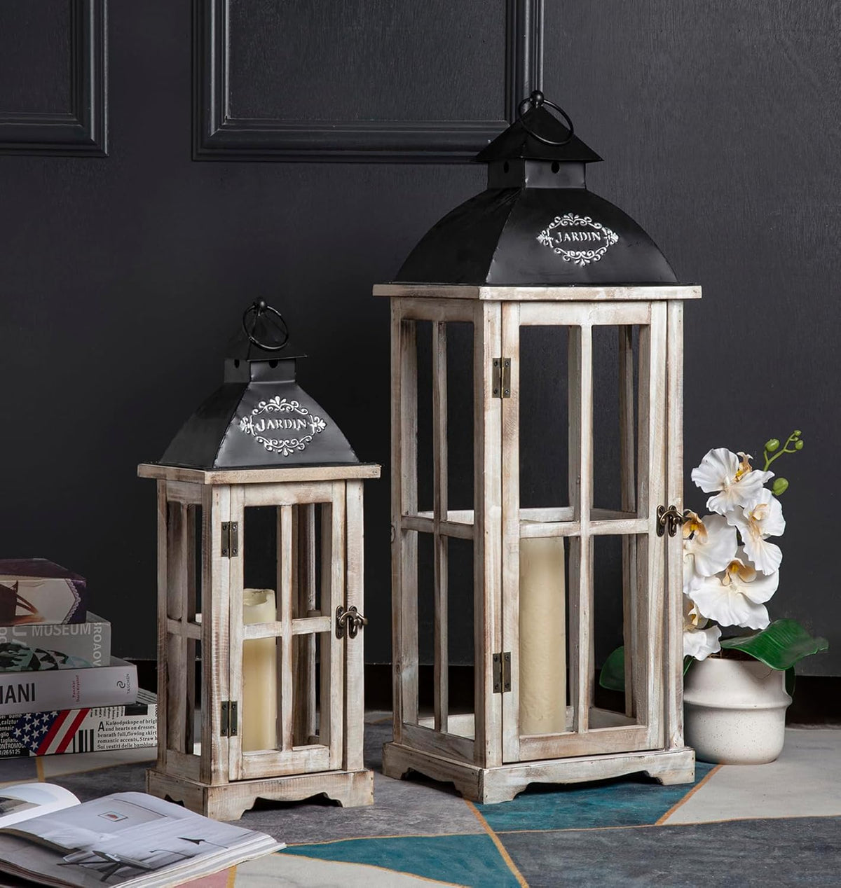 Set of 2 Large Decorative Wooden Metal Lanterns, Farmhouse Rustic Floor Candle Lanterns, Indoor/Outdoor Hanging Lanterns for Home Decor (No Glass)