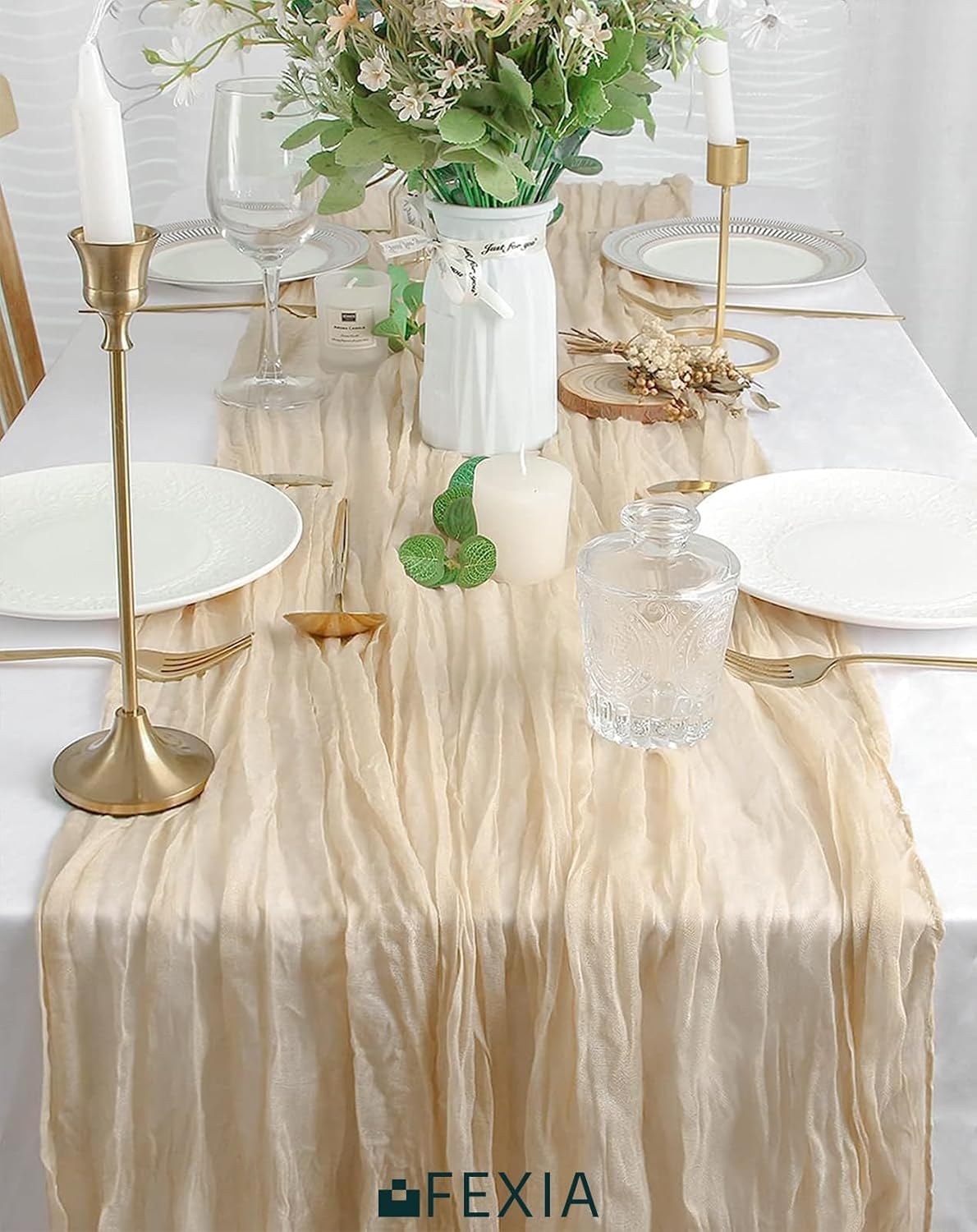 FEXIA 12 Pack Beige Table Runner 35x120 Inches for Baby Shower Decoration Gauze Rustic Table Runner for Wedding Party First Communion Centerpiece Engagement Bridal Shower Boho Decoration