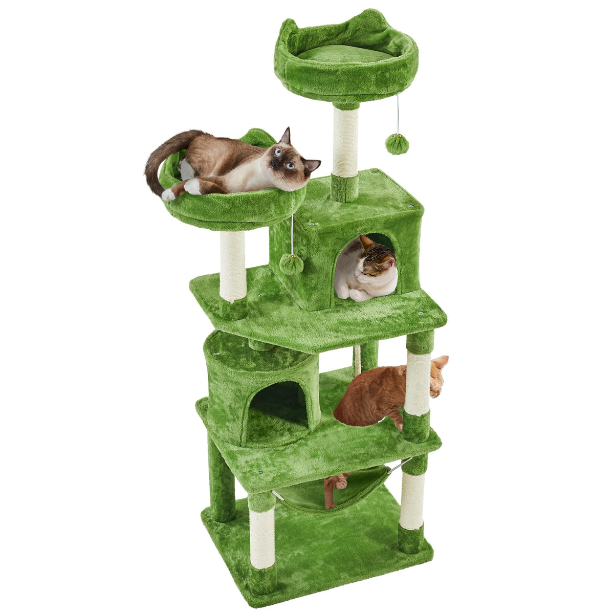 Topeakmart 62.2 inches Cat Tree with Double Condos, Cat Tower with Scratching Posts & Hammock & Foam-Padded Perches, Kitty Activity Tree Center Kitten Play House, Green