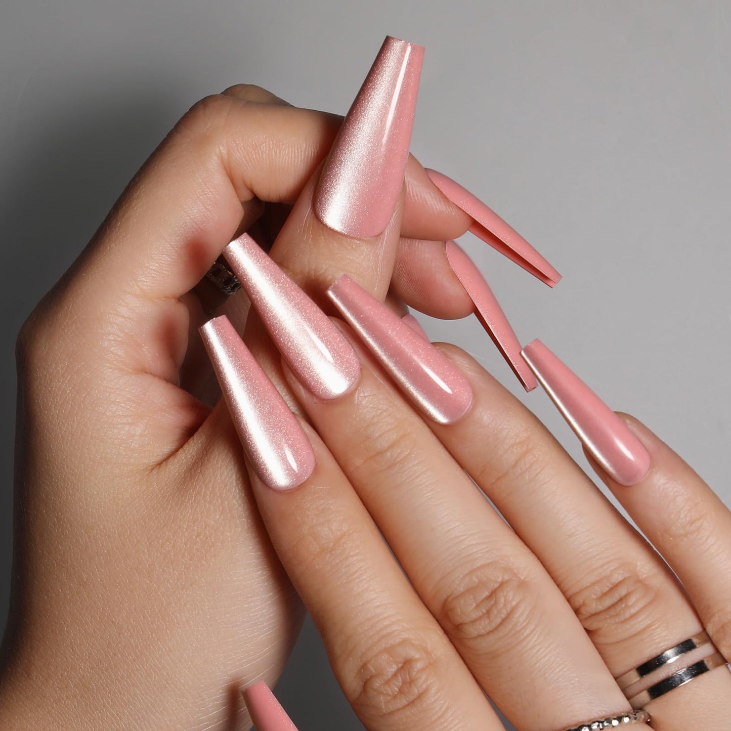 Handmade Press on Nails - Soft Pink Fake Nails | Velvet Effect Design Light Color Nails | Glossy,Glitter,Gradient Color,Reusable Long Acrylic Nails | 12 Sizes - 24 Nail Kit with Jelly Glue