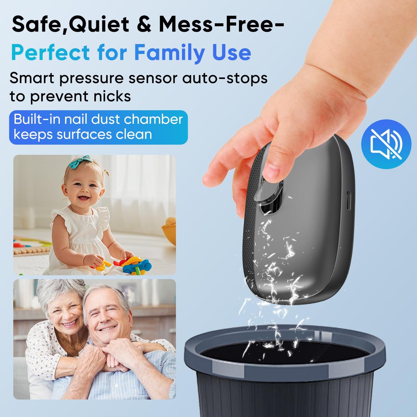 Electric Nail Clipper, Rechargeable Nail Trimmer with LED Light & Nail Storage, One-Touch Quiet Fingernail & Toenail Cutter for Adults & Seniors, USB-C, Long Battery Life(Black)