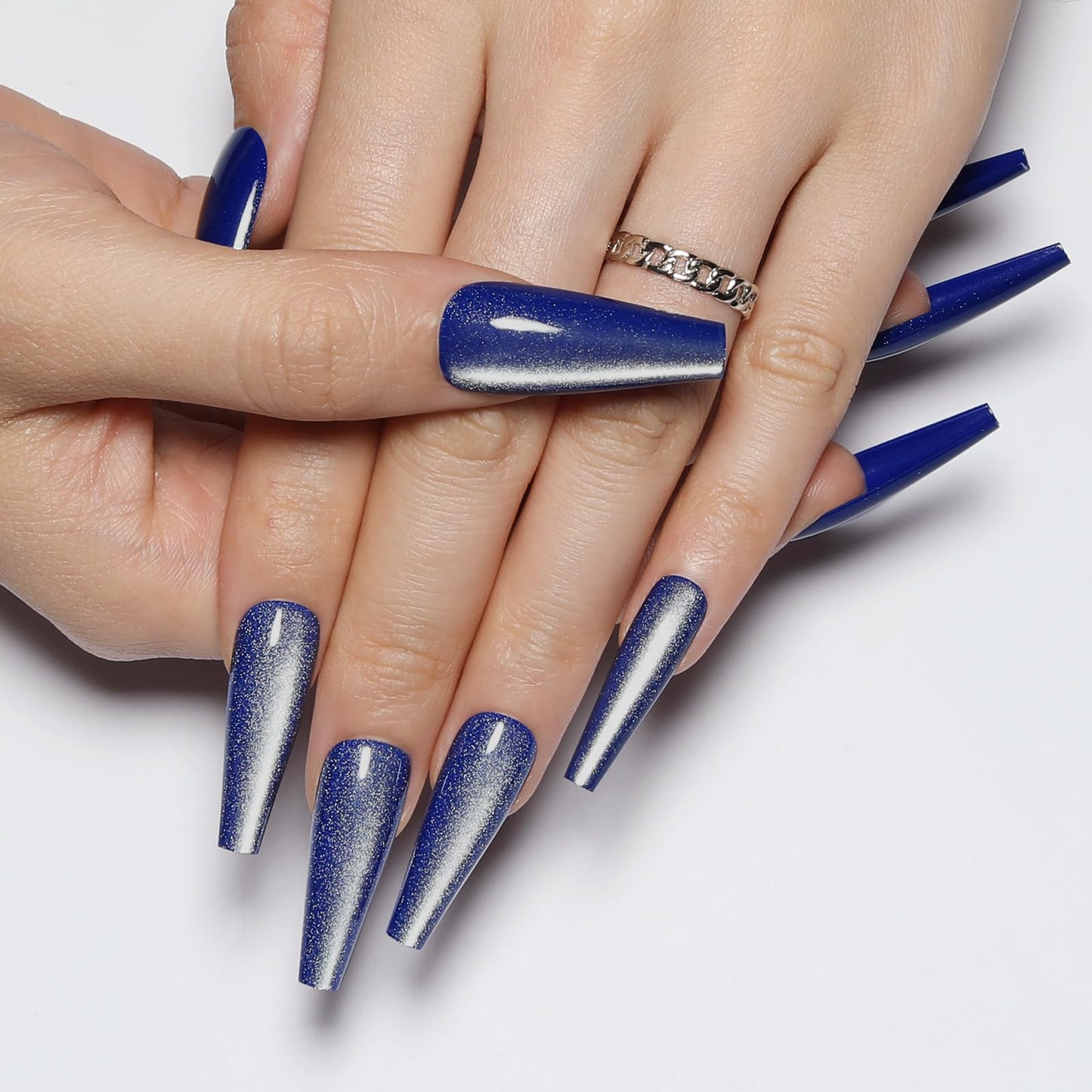Handmade Press on Nails - Sea Blue Long Fake Nails | Velvet Effect Design False Nails | Glossy,Glitter,Gradient Color,Reusable Acrylic Nails | 12 Sizes - 24 Nail Kit with Jelly Glue