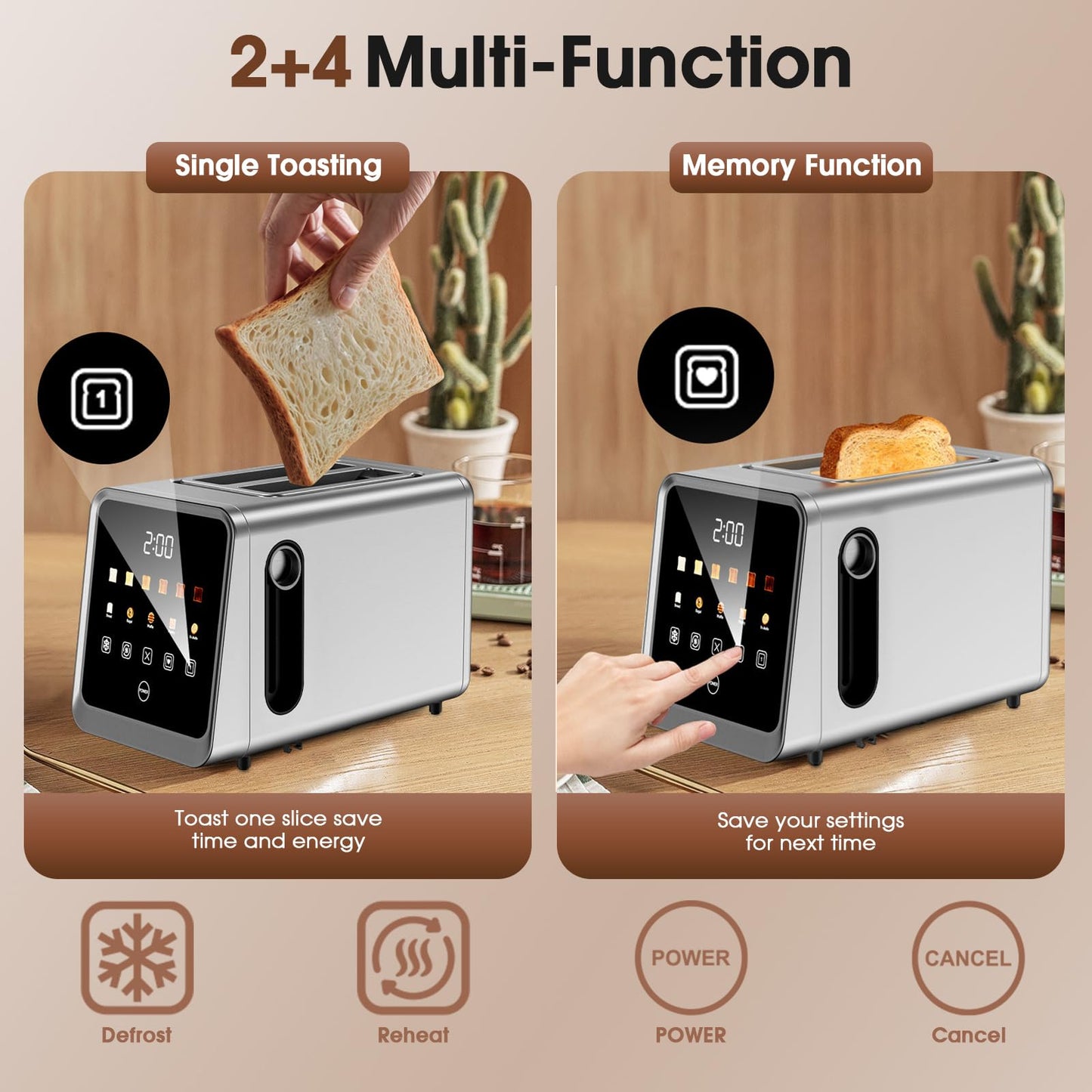 Touch Screen Toaster 2 Slice, Stainless Steel Smart Digital Toasters with Single Slot Toasting, Memory Function, 5 Bread Types & 6 Shade Settings,1.5" Wide Slot, 900W