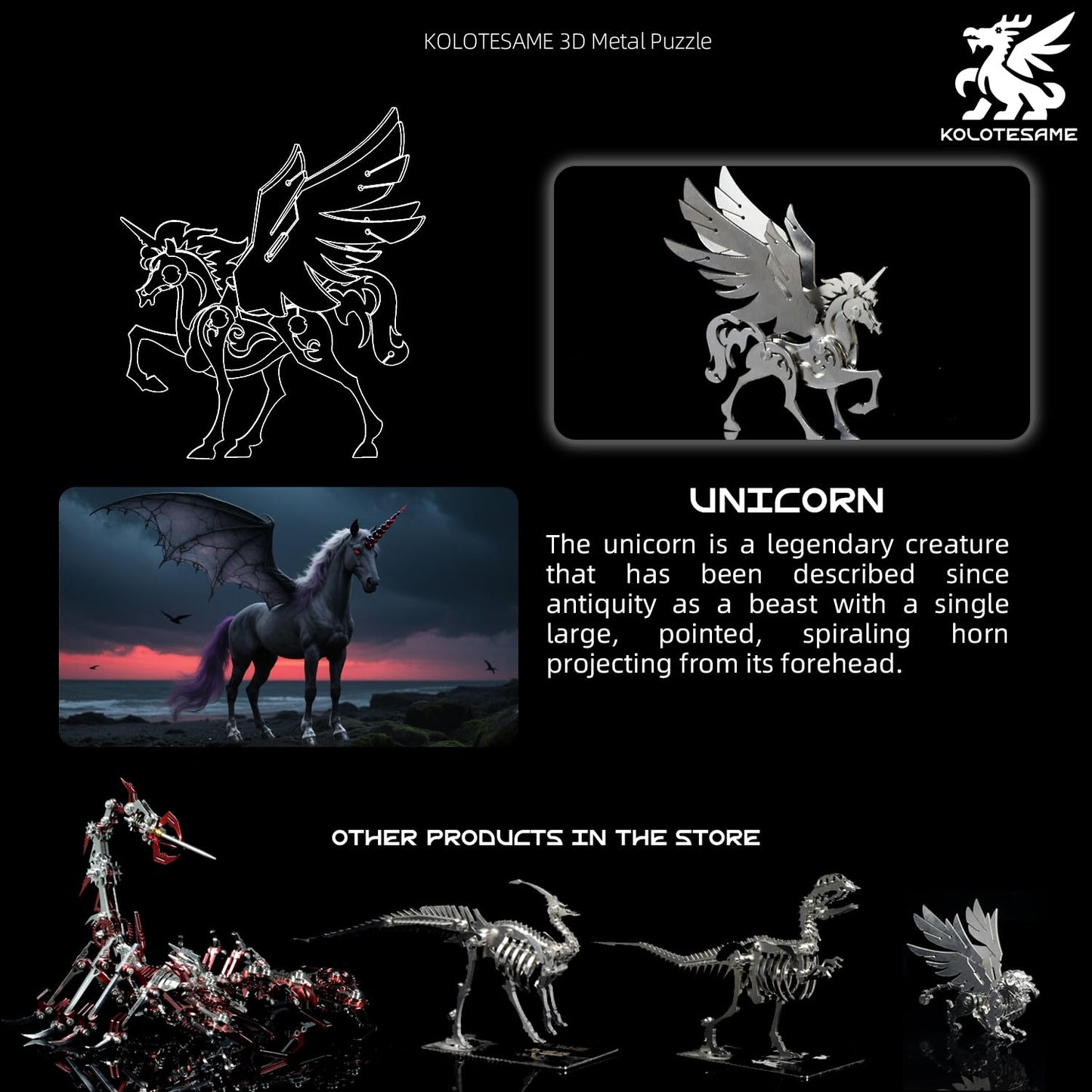Kolotesame Mythical Unicorn 3D Metal Puzzle Model for Adults, DIY Animal Sculpture 3D Model Kit Immersive Creative Building Model Art Desk Decor