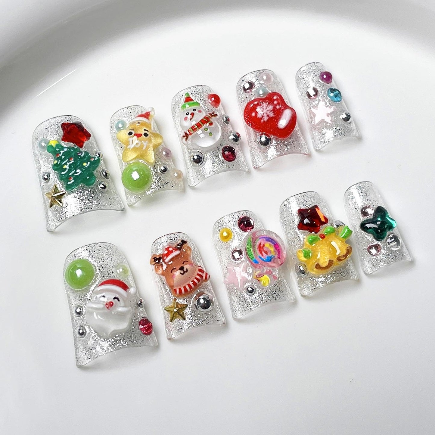 Handmade 3D Sweet Christmas Element Square Press On Nails, Glitter Rhinestone Festive Artisan Nails Set, Reusable Glossy Press-ons with Tool Kit(S)