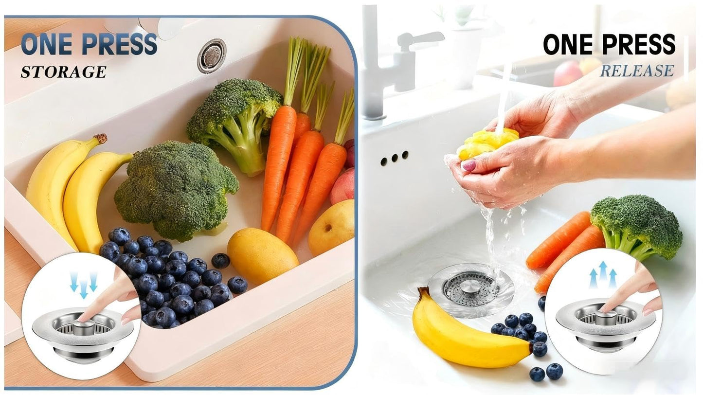 GanLiving 3-in-1 Kitchen Sink Drain Strainer Stopper, 304 Stainless Steel Pop Up Drain Plug, Anti-Clog Odor Prevention Sink Basket, Tool-Free Easy Install, Fits US Standard 3-1/2" Drain Hole,2 Pack