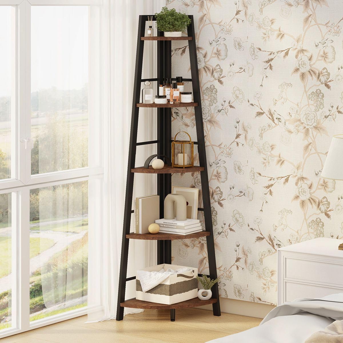 BON AUGURE 5-Tier Corner Ladder Shelf Stand, Black Metal Wood Corner Bookshelf, Narrow Tall Display Bookcase Shelving Unit for Living Room, Home Office, Small Space (Rustic Oak)