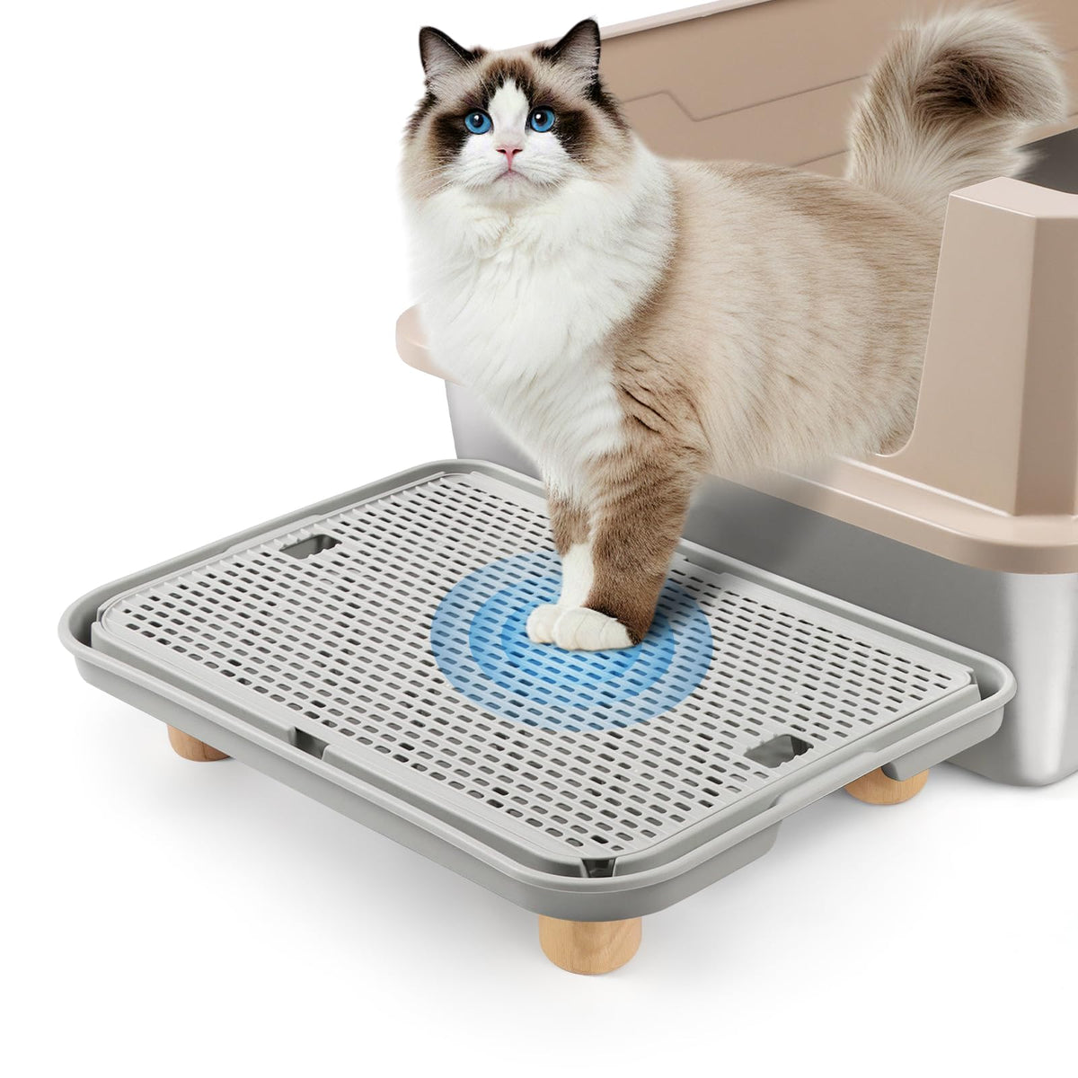 Litter Box Step, Cat Litter Ramp Catcher with Wooden Base, Grey