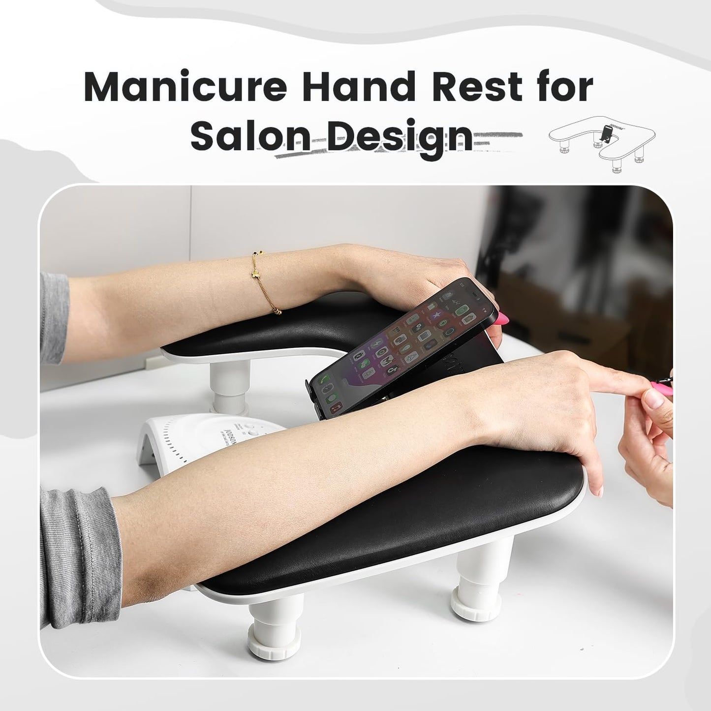 JODSONE U-Shaped Black Arm Rest for Nails Tech with Rotating 360°Built-In Phone Holder and Adjustable Nail Arm Rest Detachable Manicure Hand Rest for Salon Design