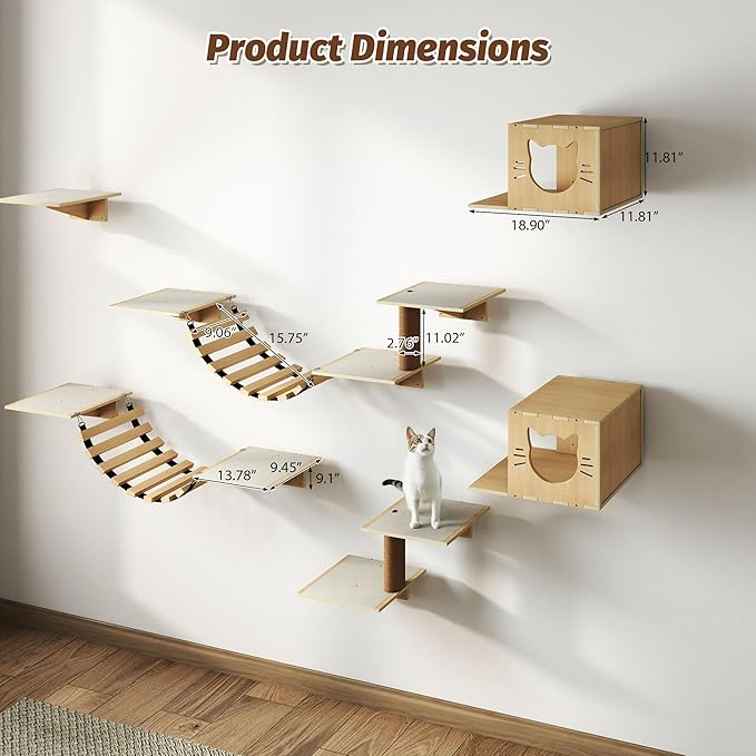 COZIVVOVV 12-Pc Cat Wall Shelves, Cat Wall Furniture Set with Cat Bridge & Scratching Post, Large Wall Mounted Cat Tree Activity Center, Cat Climbing Wall for Indoor Cats Sleep & Scratch, Natural Pine