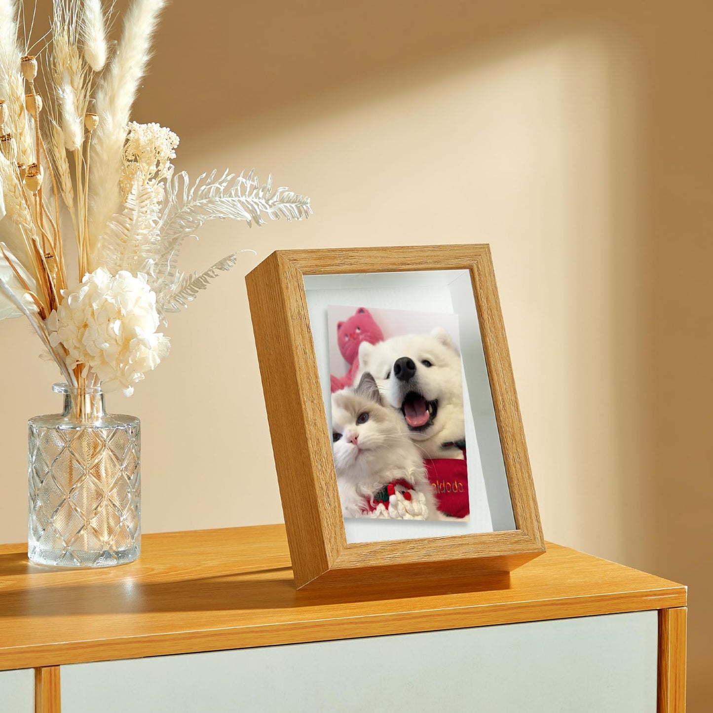 MUXIUNT 4x6 Shadow Box Picture Frame Display Case with Soft Linen Back-Real Glass,Small Mini Wood Color Deep Shadow Box Frame 4x6 for Insect Medal Display Pet Photo Memorial Flower Craft