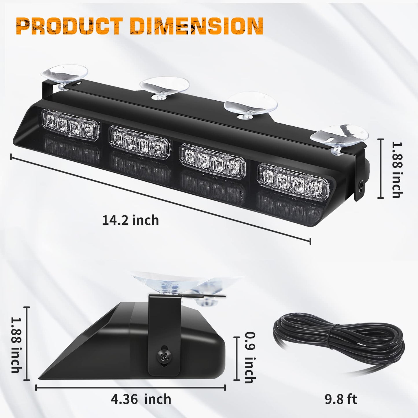 XRIDONSEN Emergency Dash Strobe Lights Safety Flashing Warning Hazard Interior Front/Rear Windshield Deck Split Light Bar with Suction Cups for Construction Vehicles Trucks (2x14 inch, Amber White)