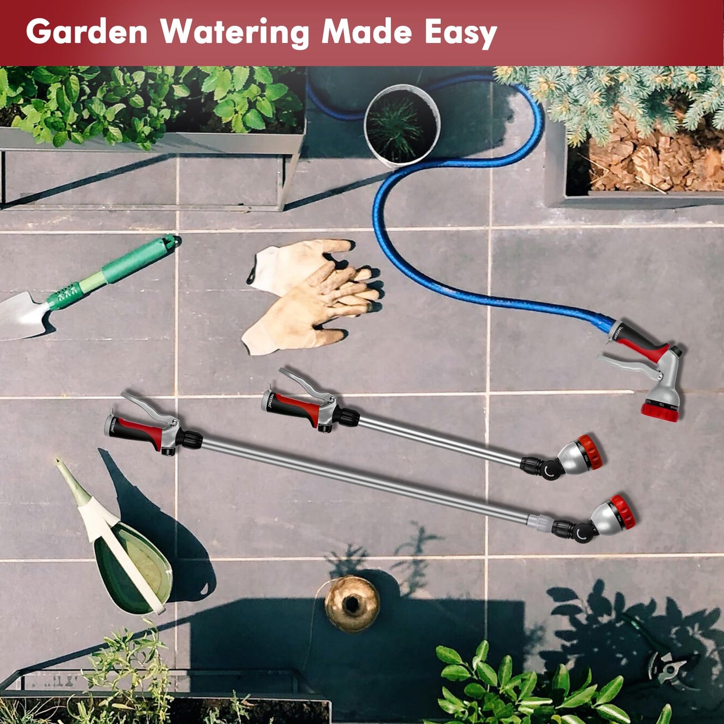 RESTMO 36”-60” Metal Watering Wand, Long Telescopic Tube | 180° Adjustable Ratcheting Head | 7 Spray Patterns | Flow Control, Perfect Garden Hose Sprayer to Water Hanging Baskets, Shrubs, Red