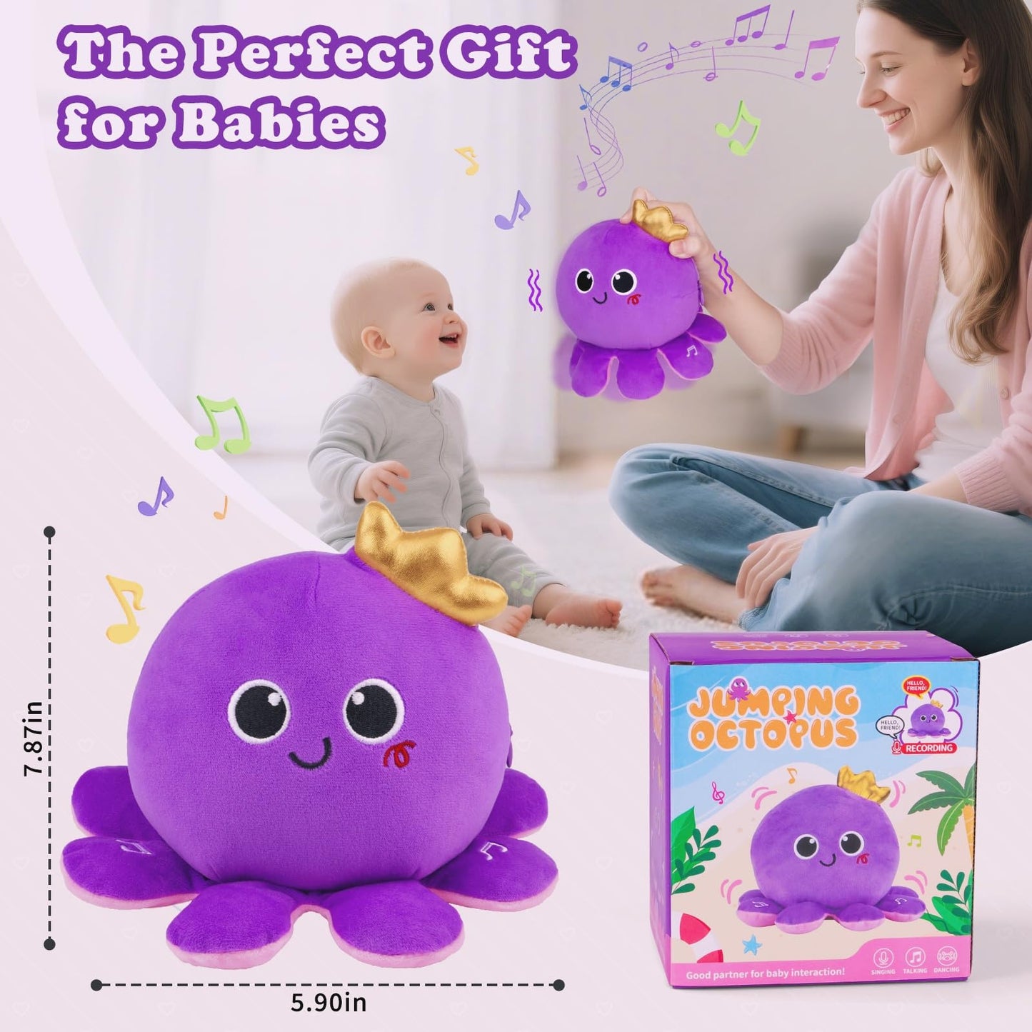 Octopus Baby Crawling Musical Interactive Toys with 97 Melodies, Talking Repeat Function Language Learning for Newborn Infant, Safe Plush Sensory Learning Montessori Toy for Toddlers Gift 0+ Months
