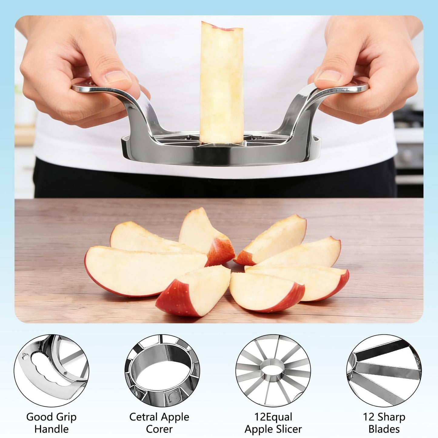 Apple Slicer,12 Blade Extra Large Apple Corer, Heavy Duty Stainless Steel Apple Cutter and Divider,Easy to Use, Time-Saving,Kitchen Tool (12 Blades)