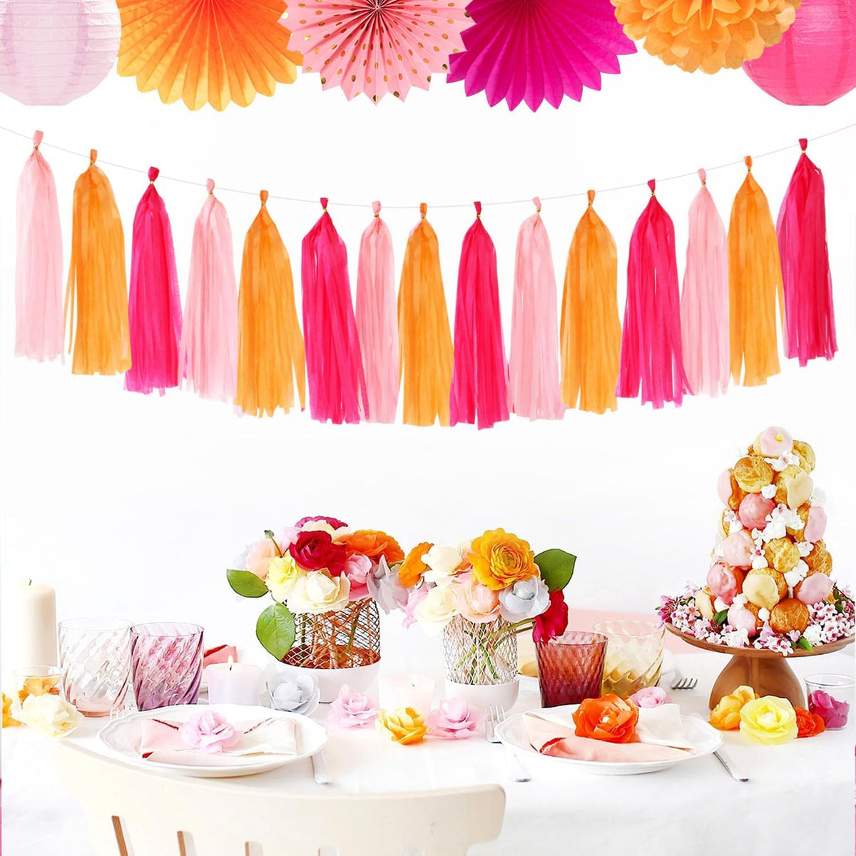 Hot-Pink Orange Fall Party-Decorations Tassel-Garland - 15pcs Groovy Baby-Shower Birthday Wedding Bridal Tassel, Autumn Thanksgiving Banner Streamers, Engagement Bachelorette Sunset Decor Panduola