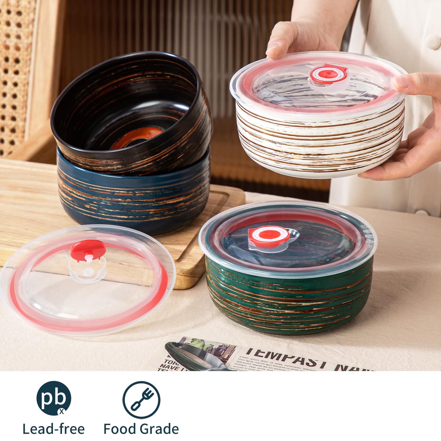 YUN TAO 23 oz Ceramic Bowls with Lids (Set of 4), 6 Inch Airtight Food Storage Containers for Kitchen, Microwave & Oven Safe - Ideal for Cereal, Soup, Salad, Pasta, Ramen