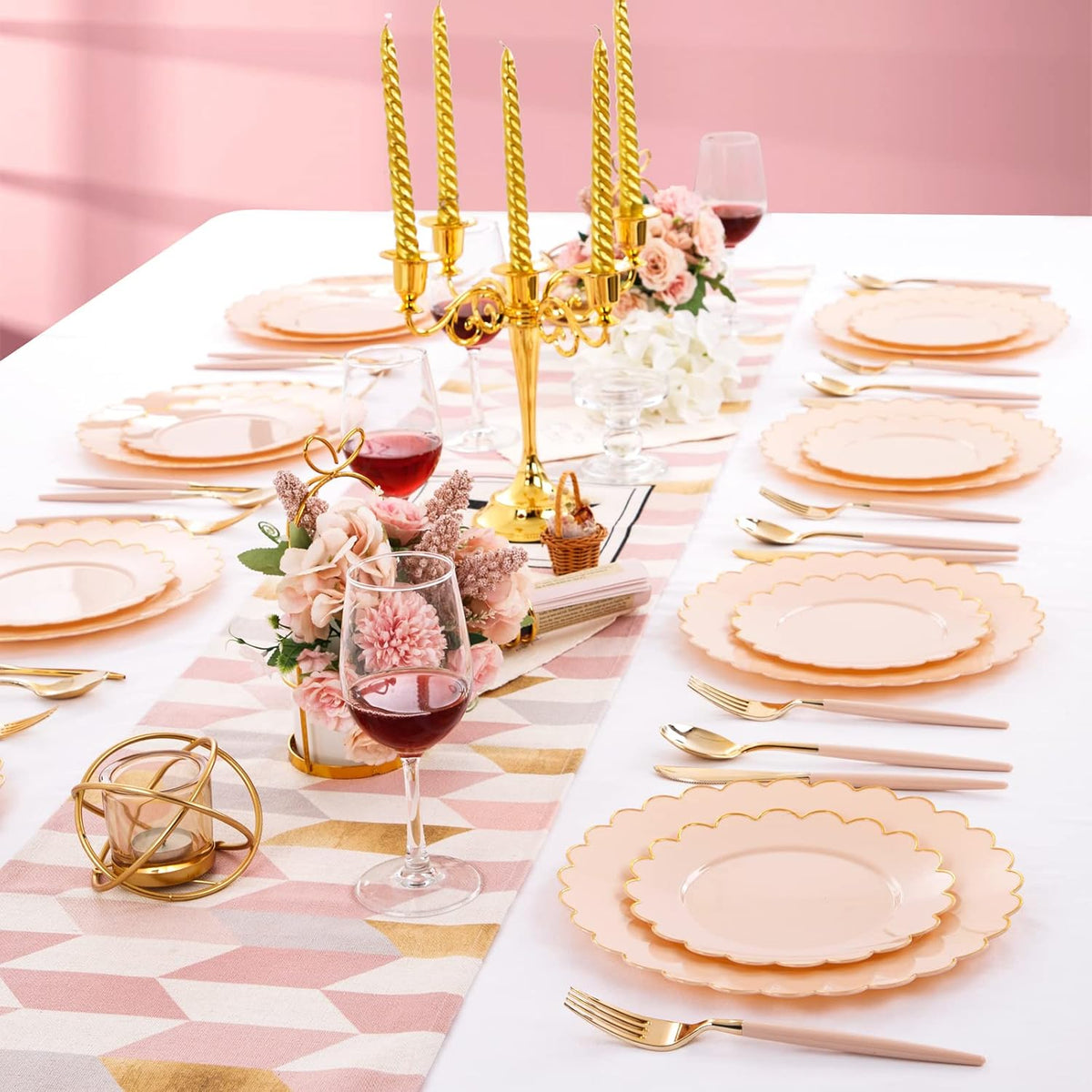 LIYH 60pcs Pink Plastic Plates with Gold Disposable Plates Includes: 30 Dinner 10.25" and 30 Dessert Plate 7.5" Gold Plastic Baby Shower Plate Set