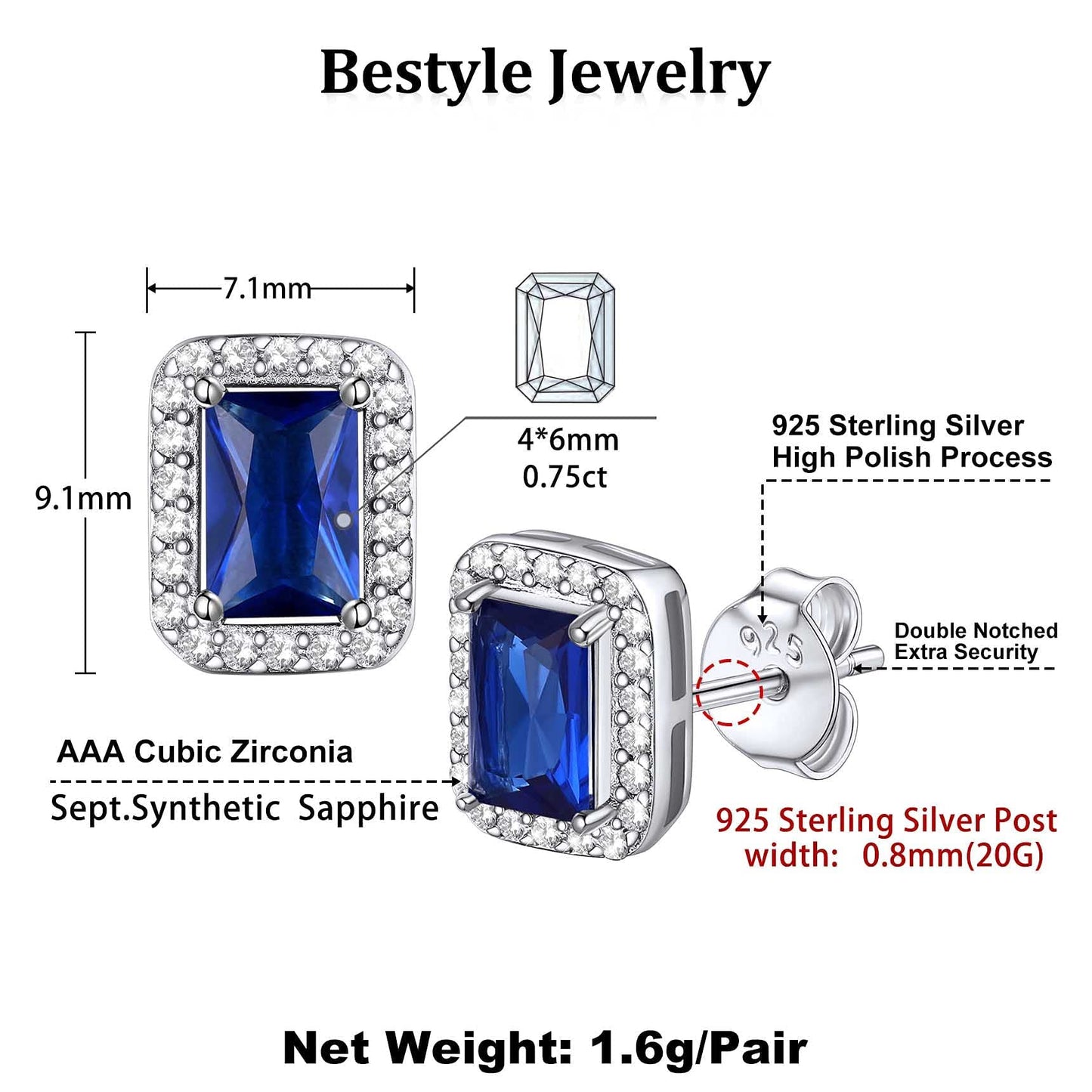 Bestyle Adorable September Sapphire Birthstone Stud Earrings 925 Sterling Silver CZ Square Gemstone Studs Earrings Great Birthday Gift for Wife/Mom/Grandma