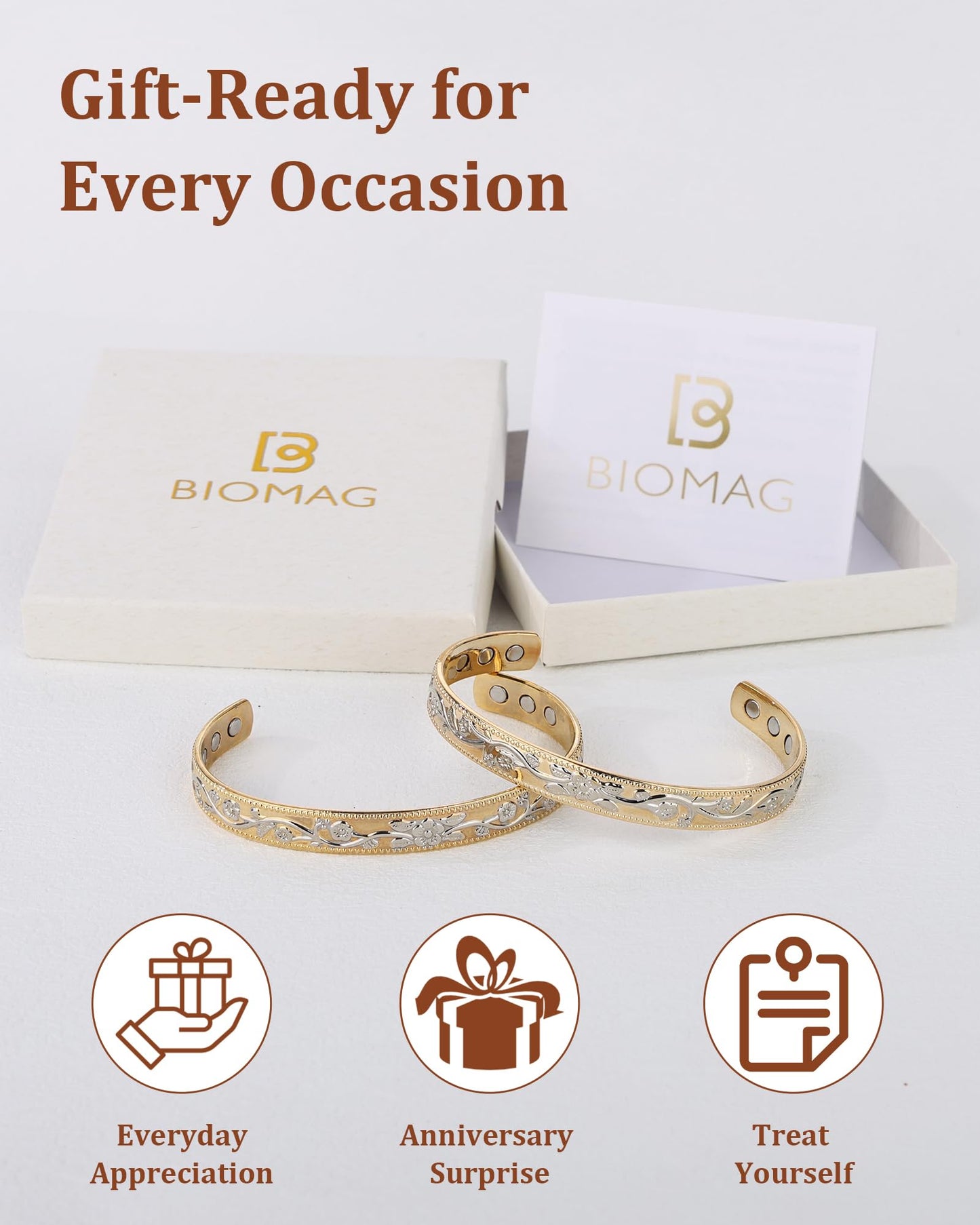 BioMag 2 Pcs Copper Bracelets for Women Men, 99.99% Pure Copper Cuff Bangle with 6 Pcs 3500 Gauss Magnets, Adjustable Size, Intricate Flower Pattern