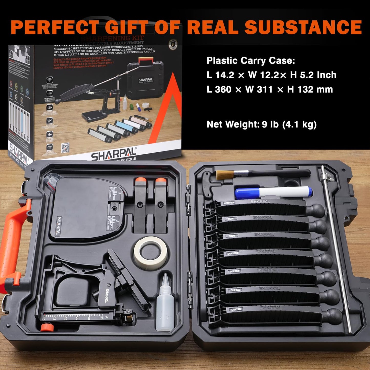 SHARPAL 202H Precision Knife Sharpening SystemโAdjustable Angle 10โ35ยฐ Knife Sharpener Kit with 7 Abrasives (Diamond 220/325/600/1000, Whetstone 3000/6000, Leather Strop), Premium Fathers Day Gift
