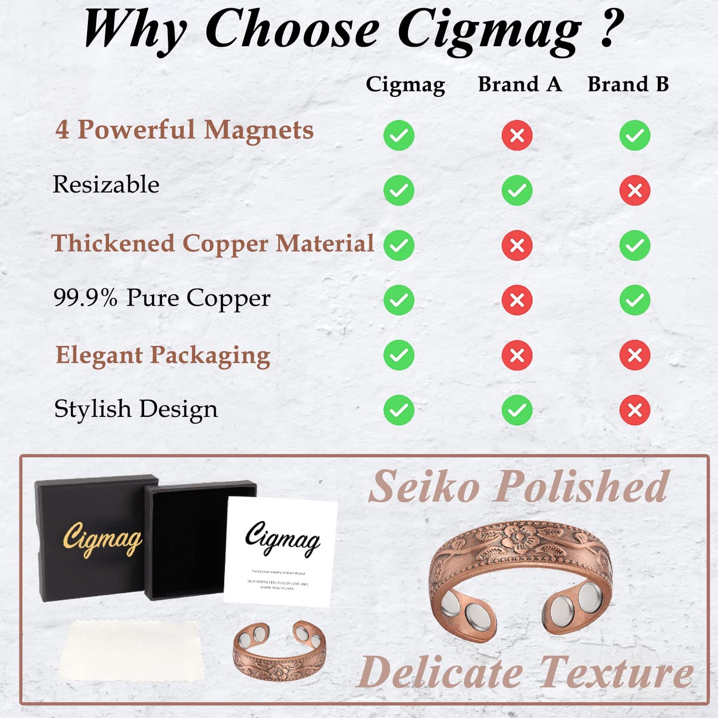 Cigmag Copper Rings for Women 99% Pure Copper Ring Adjustable with Present Box (2PCS Plum)