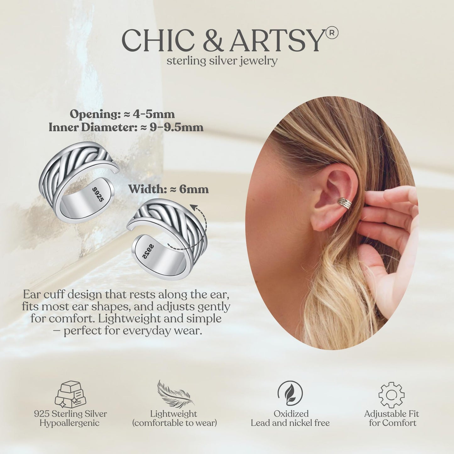 Thick Ear Cuffs 925 Sterling Silver Oxidised Ear Cuffs Set Non Piercing Conch Clip on Earrings for Women