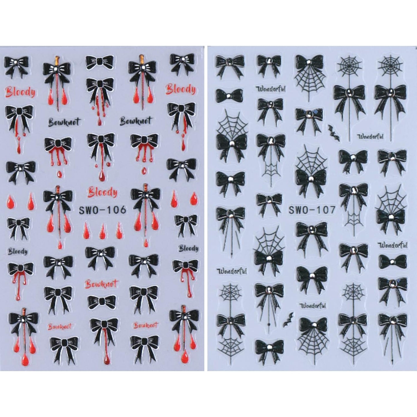 2Sheets Halloween Nail Art Stickers 3D Embossed Black Bow Spider Web Nail Decals with Rhinestones Design Nail Sticker Self Adhesive Bows Blood Drop Textured Nail Decal for Women DIY Nails Decor Supply