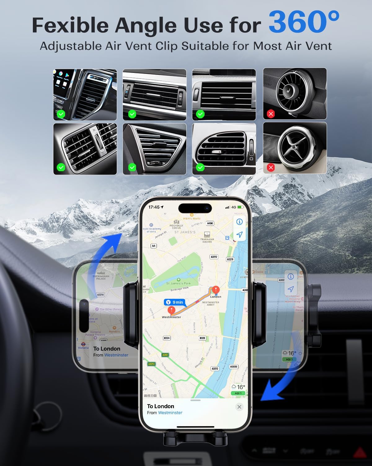 KPON Wireless Charger for Car, Car Phone Holder Charger Mount Qi Certified Auto Clamping 15W Fast Charging for Dashboard Air Vent Windshield Mount for Samsung Galaxy/iPhone 16 15 14 13 12 /Google/LG
