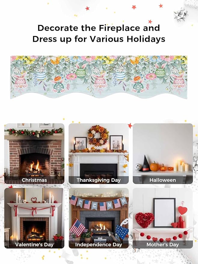Easter Fireplace Mantel Scarf Table Runner, Spring Eggs Eucalyptus Branch Floral Wooden Winter Garland Mantel Top Tablerunners Dresser Scarves Cover Decorations for Windows Party Living Room 70''x17''