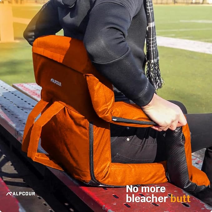 Alpcour Heated Reclining Stadium Seat for Bleachers – Wide Bleacher Chair with Back Support and Cushion, Armrests, Side Pockets, & Hook – Stadium Seats Chairs for Camping, Kayak, Paddle Board & More