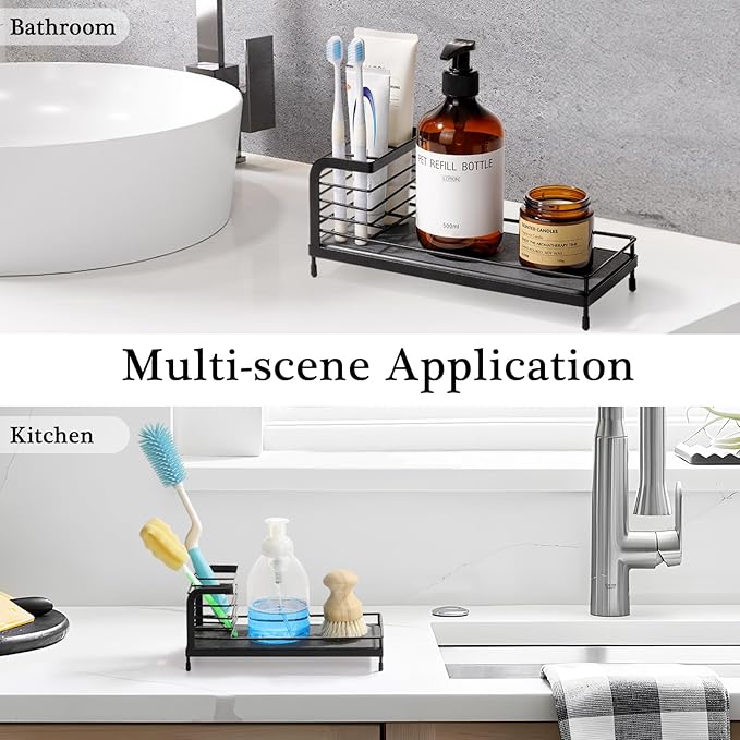 Luxspire Toothbrush Holders, Bathroom Organizer Countertop with Stone Drying Mat & Non-Slip Pads, Stainless Steel Electric Toothbrush Holder for Bathroom Countertop & Kitchen Sink, Black