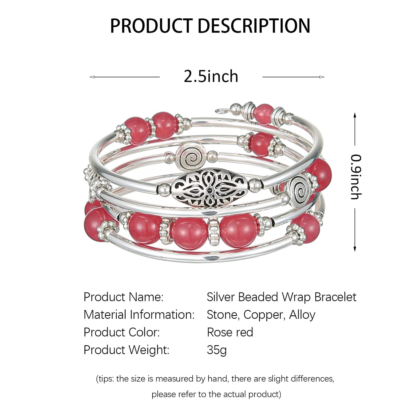 FULU AUTUMN Stackable Beaded Bracelets for Women Boho Wrap Silver Bracelet Layered Fashion Jewelry Gifts for Her(17-Rose red)