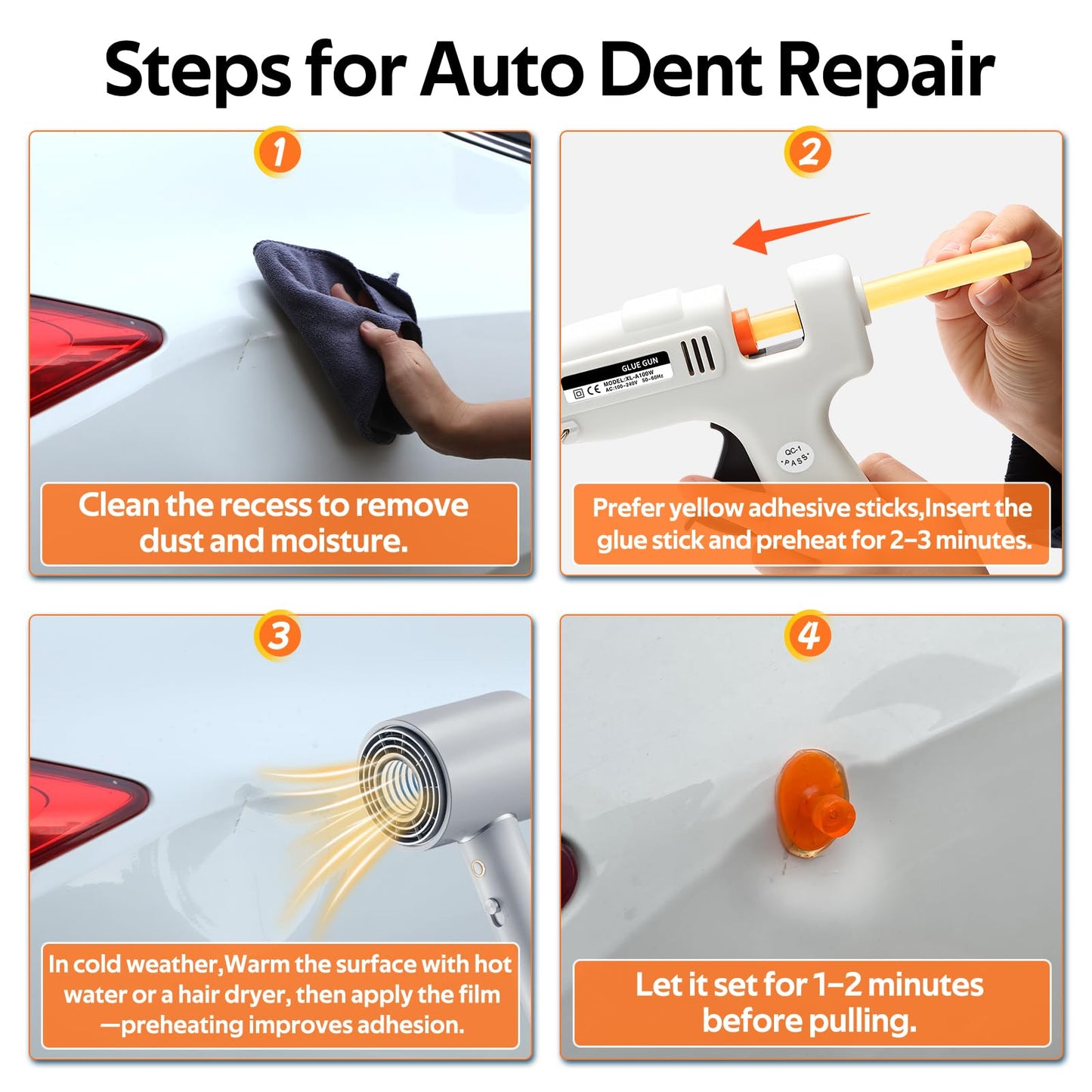 100W Hot Glue Gun for Paintless Dent Repair, White High-Temp Glue Gun with 10 Glue Sticks (Yellow & Black), Fast Heating, Anti-Drip Nozzle, Auto Body Dent Puller Tool