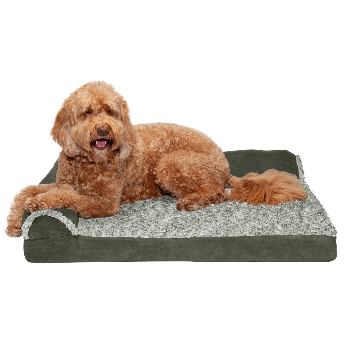 FurHaven Orthopedic Dog Bed for Large Dogs, L-Shaped Chaise Mattress with Orthopedic Egg Crate & Solid Orthopedic Foam Base for Joint Support, Washable Cover, Jumbo XL, Faux Fur & Suede, Dark Sage