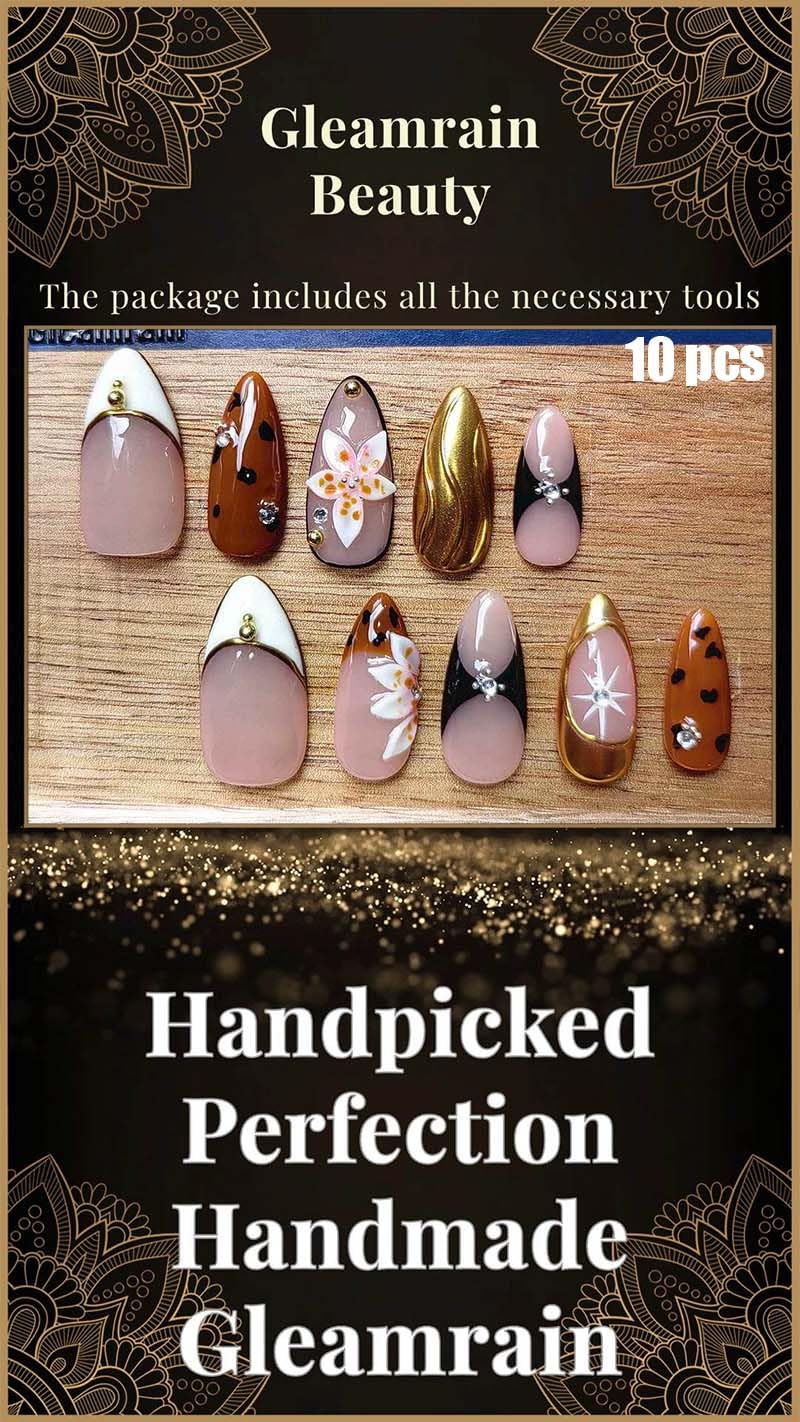 Gleamrain Handmade Press on Nails Almond Shape M Size/Gleamrain Luxury Medium Hand Made Nails with Design for Women 10Pcs by P06