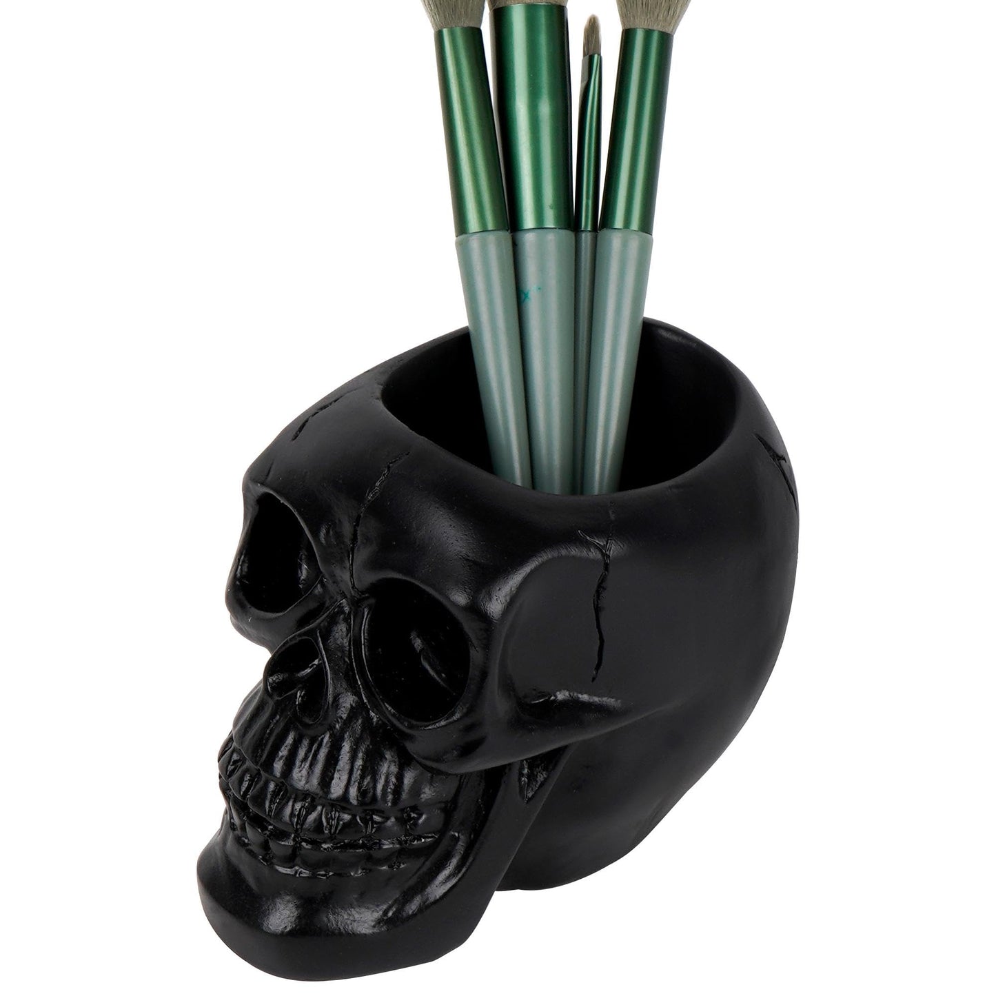 Philo Fun Black Skull Makeup Brush Holder, Skull Head Pen and Pencil Holder, Goth Skull Decor Desktop Organizer for Office Vanity Dresser Bathroom