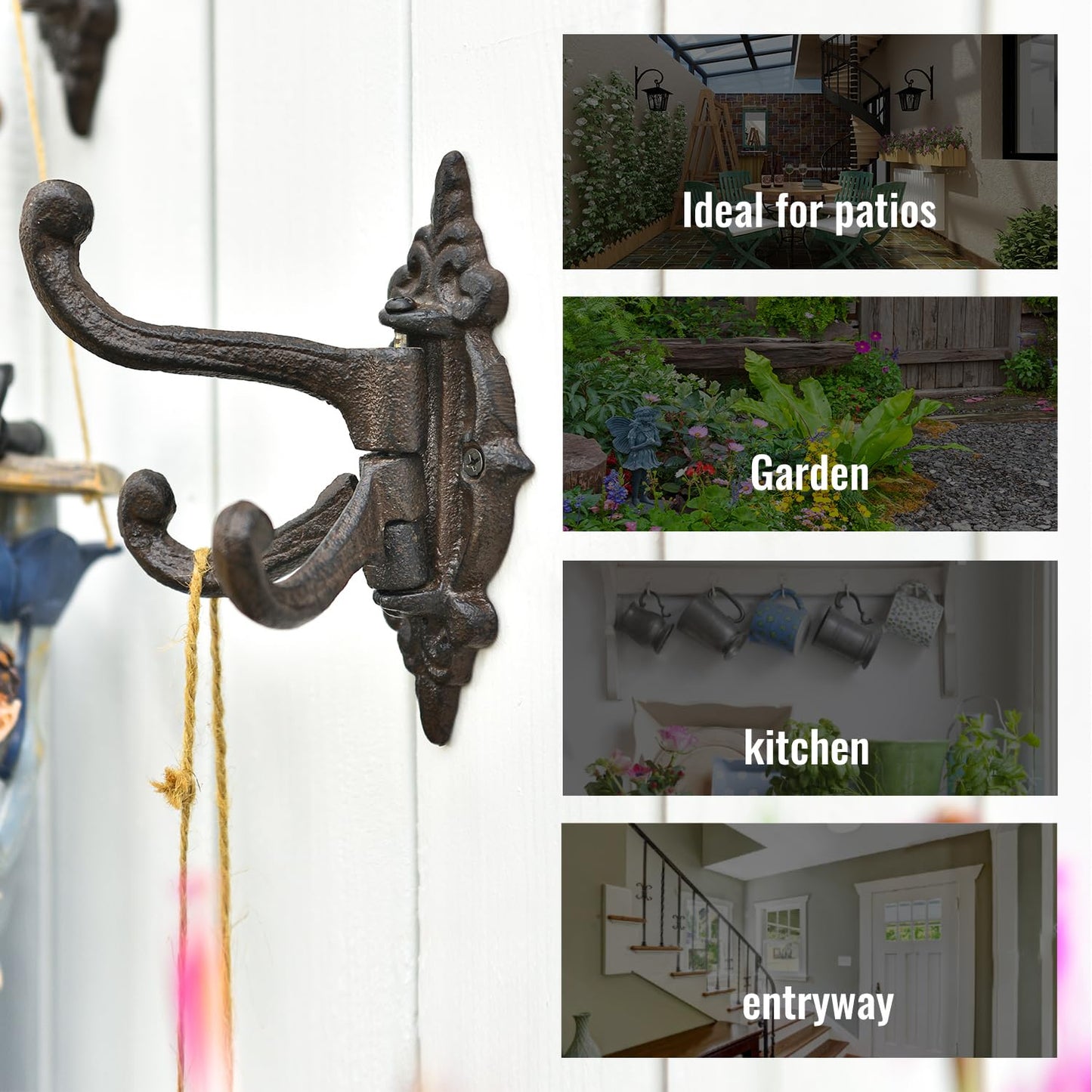 Sungmor 2-Pack Cast Iron 3-in-1 Flexible & Functional Swivel Wall Hook - Vintage Coat Hook Garden Planter Hanger - Heavy Duty Solid Metal Swing Hook - Clothes Hats Towels Bags Pots Tools Hanger