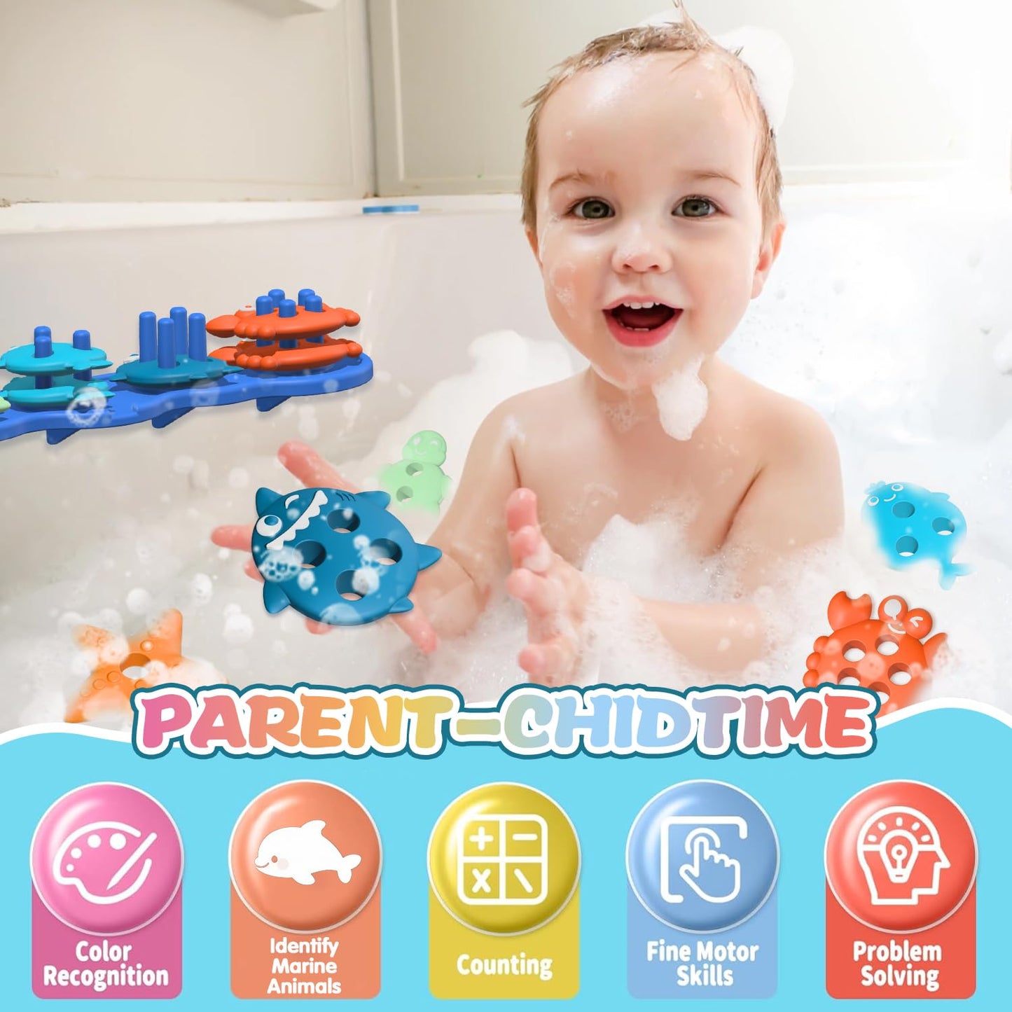 Silicone Baby Bath Toys – Stackable, Shape-Sorting Floating Set with 10 Mold-Free Textured Pieces, No-Hole Design – Early Learning Bathtub Toys for Toddlers and Kids