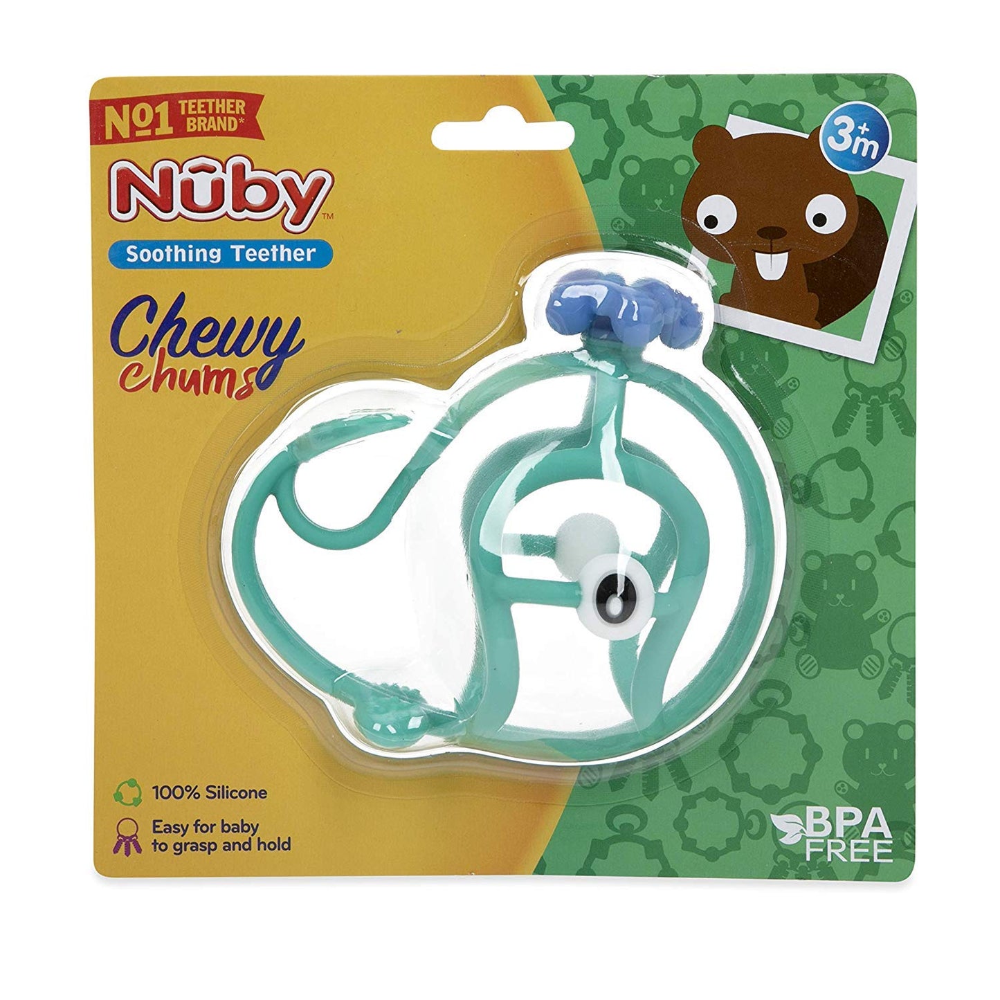 Nuby Chewy Chums All Silicone Soothing Teether, Whale - 3M+