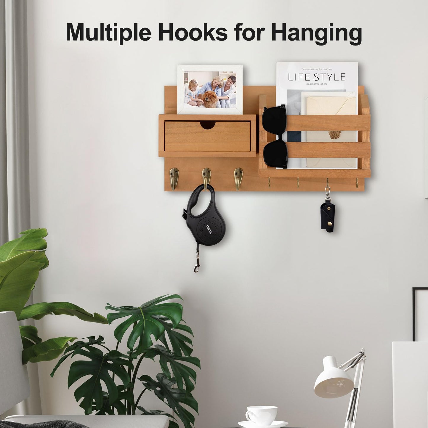 Lwenki Wall Mount Key Holder with Mail Organizer, 100% Paulownia Wood, 7 Metal Hooks, Storage Drawer, Entryway Home Decor