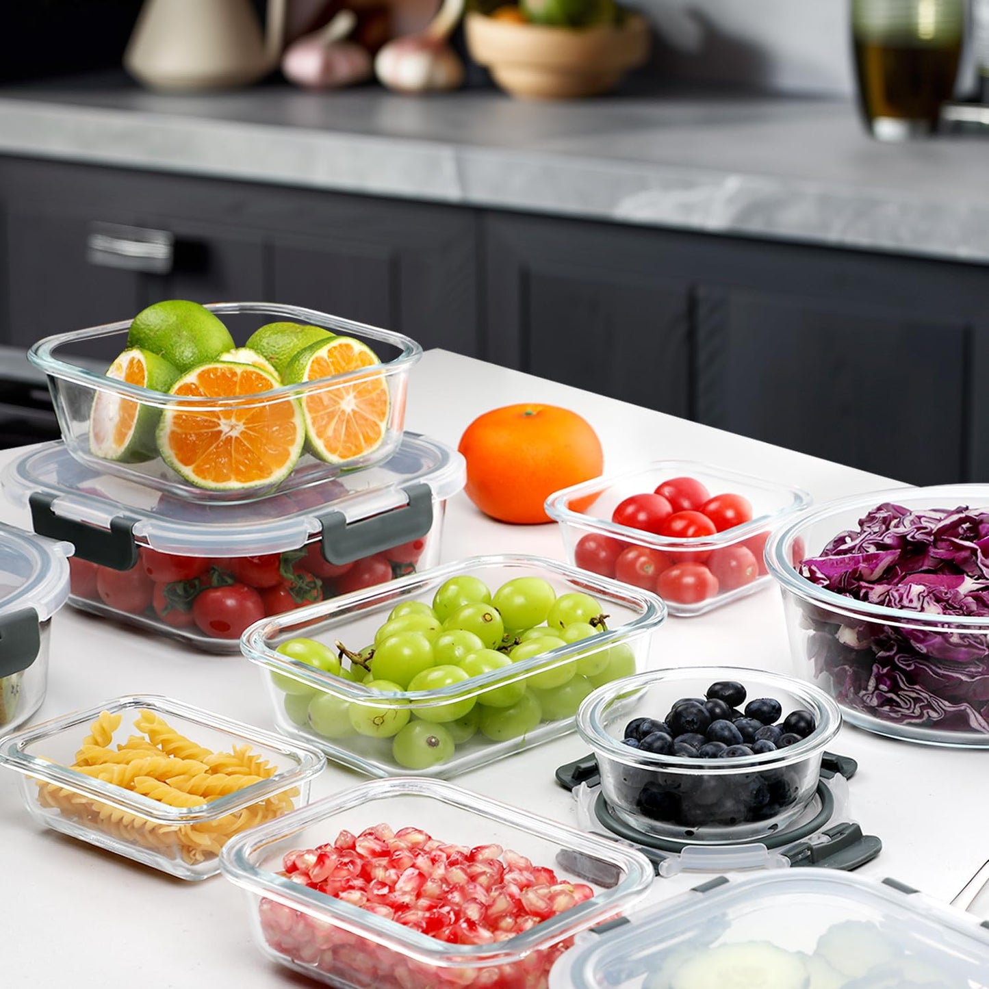 VERONES 30 Pieces Glass Meal Prep Containers Set, Stackable Glass Food Storage Containers with Lids-Airtight Lunch Containers,for Microwave, Oven, Freezer & Dishwasher,Grey
